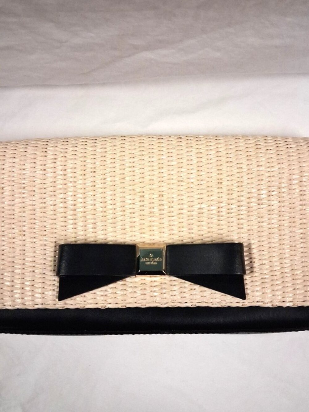 KATE SPADE Montford Park Keira Clutch Bow Purse Black/Natural Straw Leather Bag